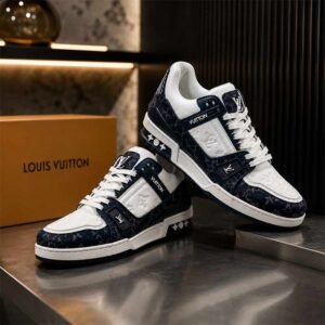 LV White & Navy Lace-up Sneakers